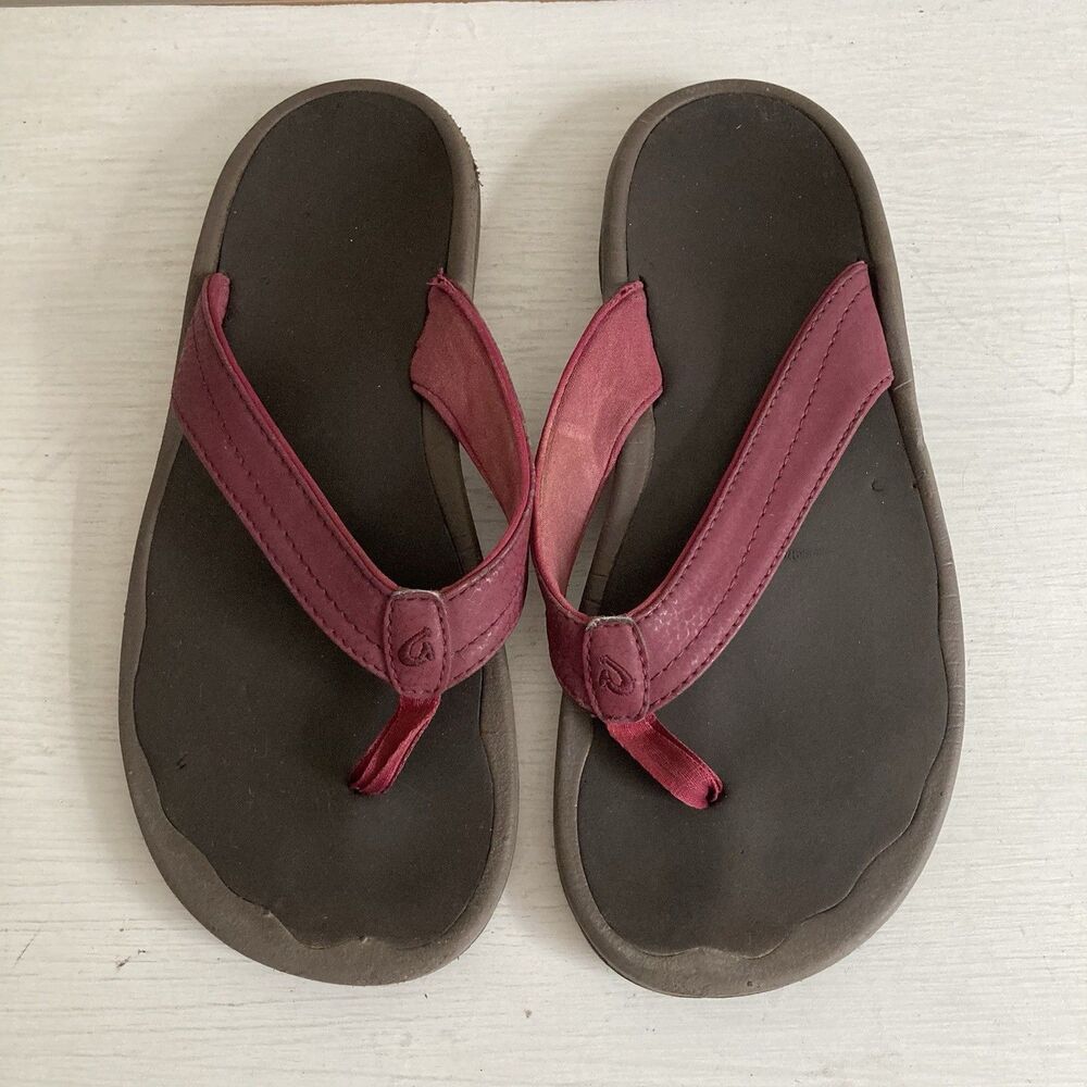 Olukai Ohana Flip Flop Beach Sandals Womens Size 7 Maroon Burgundy Arch Support